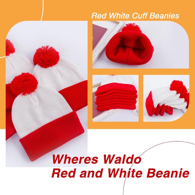 AWNALEEO Red White Pom Pom Cuff Knit Beanie Hat - Waldo Costume - Adult Halloween Hat Christmas Beanie Hat - Image 4